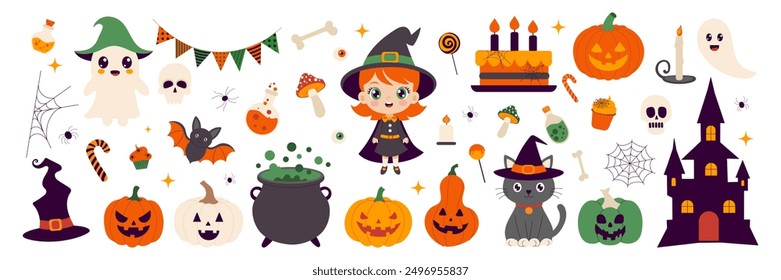 Halloween themed cartoon characters and objects. A girl in a witch costume is surrounded by pumpkins, skulls, and other Halloween decorations