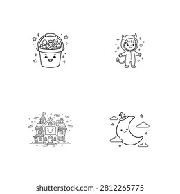 Halloween themed cartoon illustrations of objects and characters smiling witch house moon bucket