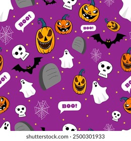 Halloween themed cartoon seamless pattern with pumpkin, ghost, bat, and skull elements