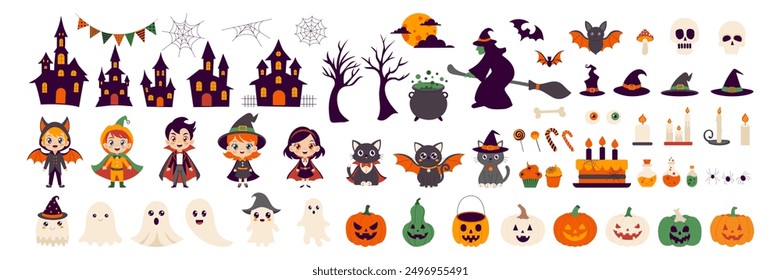 Halloween themed characters and objects. The image is a collection of Halloween characters and objects, including witches, ghosts, pumpkins, and other spooky items. Scene is festive and playful