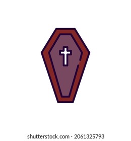 Halloween themed coffin with a crucifix. Pixel perfect, editable stroke purple line art icon