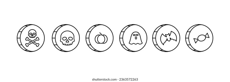 
Halloween themed coins. Spooky coins Halloween currency, skulls, pumpkins, ghosts and bats.vector icons with line style
