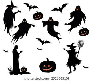 Halloween themed collection of black silhouettes, including witches, ghosts, bats, and pumpkins with orange jack-o'-lantern faces. The spooky elements are arranged on white background, creating ghost.