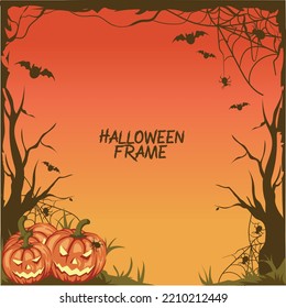 halloween themed with color is on the pumpkin against the background just a chaotic tree with lots of cobwebs and bats