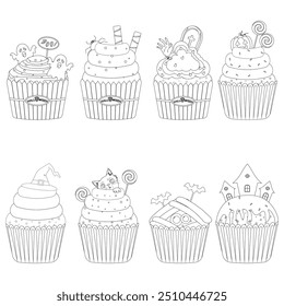 halloween themed cupcakes coloring page for kids and adults