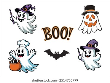 Diseño temático de Halloween de un fantasma juguetón sin fondo. El fantasma lleva puesto un sombrero de chef y sostiene un batidor. El fantasma tiene unos cuantos agujeros. El fantasma tiene una expresión juguetona y traviesa.