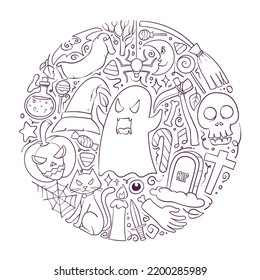 Halloween themed doodle art. there are ghosts, pumpkins, hats, tombstones, skulls and so on.