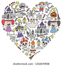 Halloween themed doodle set. Traditional and popular symbols - carved pumpkin, party costumes, witches, ghosts, monsters, vampires, skeletons, skulls, candles, bats. Isolated over white background.