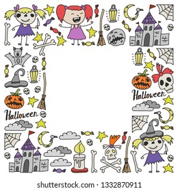 Halloween themed doodle set. Traditional and popular symbols - carved pumpkin, party costumes, witches, ghosts, monsters, vampires, skeletons, skulls, candles, bats. Isolated over white background.