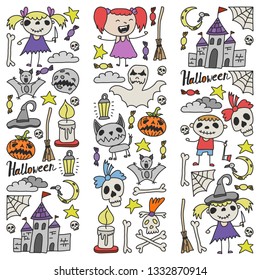Halloween themed doodle set. Traditional and popular symbols - carved pumpkin, party costumes, witches, ghosts, monsters, vampires, skeletons, skulls, candles, bats. Isolated over white background.