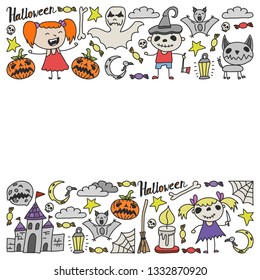 Halloween themed doodle set. Traditional and popular symbols - carved pumpkin, party costumes, witches, ghosts, monsters, vampires, skeletons, skulls, candles, bats. Isolated over white background.