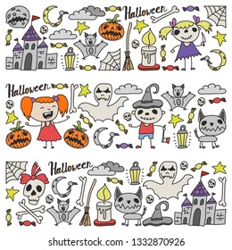 Halloween themed doodle set. Traditional and popular symbols - carved pumpkin, party costumes, witches, ghosts, monsters, vampires, skeletons, skulls, candles, bats. Isolated over white background.