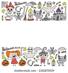 Halloween themed doodle set. Traditional and popular symbols - carved pumpkin, party costumes, witches, ghosts, monsters, vampires, skeletons, skulls, candles, bats. Isolated over white background.