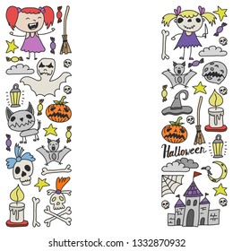 Halloween themed doodle set. Traditional and popular symbols - carved pumpkin, party costumes, witches, ghosts, monsters, vampires, skeletons, skulls, candles, bats. Isolated over white background.