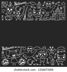 Halloween themed doodle set. Traditional and popular symbols - carved pumpkin, party costumes, witches, ghosts, monsters, vampires, skeletons, skulls, candles bats Isolated over white background.