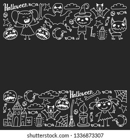 Halloween themed doodle set. Traditional and popular symbols - carved pumpkin, party costumes, witches, ghosts, monsters, vampires, skeletons, skulls, candles bats Isolated over white background.