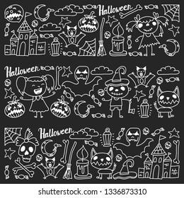 Halloween themed doodle set. Traditional and popular symbols - carved pumpkin, party costumes, witches, ghosts, monsters, vampires, skeletons, skulls, candles bats Isolated over white background.