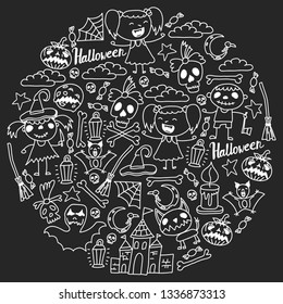 Halloween themed doodle set. Traditional and popular symbols - carved pumpkin, party costumes, witches, ghosts, monsters, vampires, skeletons, skulls, candles bats Isolated over white background.