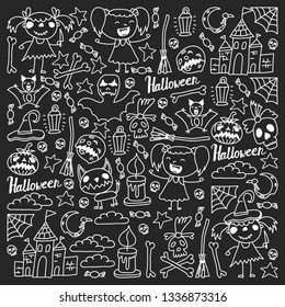 Halloween themed doodle set. Traditional and popular symbols - carved pumpkin, party costumes, witches, ghosts, monsters, vampires, skeletons, skulls, candles bats Isolated over white background.