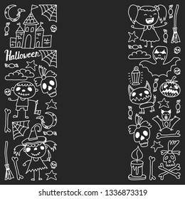Halloween themed doodle set. Traditional and popular symbols - carved pumpkin, party costumes, witches, ghosts, monsters, vampires, skeletons, skulls, candles bats Isolated over white background.