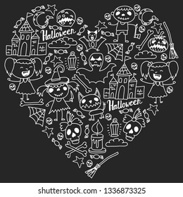 Halloween themed doodle set. Traditional and popular symbols - carved pumpkin, party costumes, witches, ghosts, monsters, vampires, skeletons, skulls, candles bats Isolated over white background.