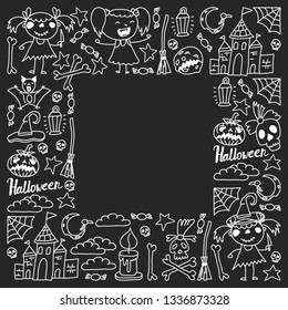 Halloween themed doodle set. Traditional and popular symbols - carved pumpkin, party costumes, witches, ghosts, monsters, vampires, skeletons, skulls, candles bats Isolated over white background.