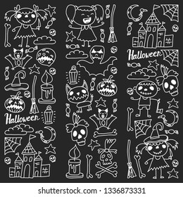 Halloween themed doodle set. Traditional and popular symbols - carved pumpkin, party costumes, witches, ghosts, monsters, vampires, skeletons, skulls, candles bats Isolated over white background.