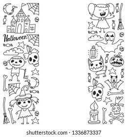 Halloween themed doodle set. Traditional and popular symbols - carved pumpkin, party costumes, witches, ghosts, monsters, vampires, skeletons, skulls, candles bats Isolated over white background.