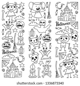 Halloween themed doodle set. Traditional and popular symbols - carved pumpkin, party costumes, witches, ghosts, monsters, vampires, skeletons, skulls, candles bats Isolated over white background.