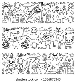 Halloween themed doodle set. Traditional and popular symbols - carved pumpkin, party costumes, witches, ghosts, monsters, vampires, skeletons, skulls, candles bats Isolated over white background.