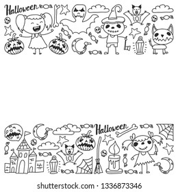 Halloween themed doodle set. Traditional and popular symbols - carved pumpkin, party costumes, witches, ghosts, monsters, vampires, skeletons, skulls, candles bats Isolated over white background.