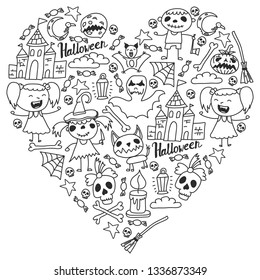 Halloween themed doodle set. Traditional and popular symbols - carved pumpkin, party costumes, witches, ghosts, monsters, vampires, skeletons, skulls, candles bats Isolated over white background.