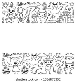 Halloween themed doodle set. Traditional and popular symbols - carved pumpkin, party costumes, witches, ghosts, monsters, vampires, skeletons, skulls, candles bats Isolated over white background.