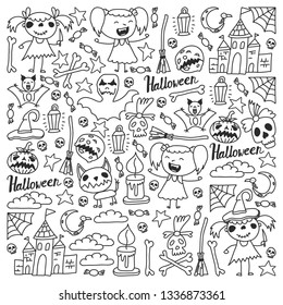 Halloween themed doodle set. Traditional and popular symbols - carved pumpkin, party costumes, witches, ghosts, monsters, vampires, skeletons, skulls, candles bats Isolated over white background.