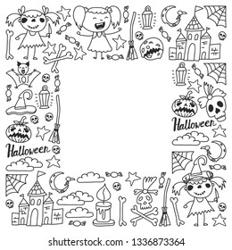 Halloween themed doodle set. Traditional and popular symbols - carved pumpkin, party costumes, witches, ghosts, monsters, vampires, skeletons, skulls, candles bats Isolated over white background.
