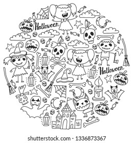 Halloween themed doodle set. Traditional and popular symbols - carved pumpkin, party costumes, witches, ghosts, monsters, vampires, skeletons, skulls, candles bats Isolated over white background.