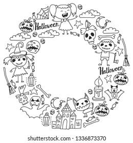 Halloween themed doodle set. Traditional and popular symbols - carved pumpkin, party costumes, witches, ghosts, monsters, vampires, skeletons, skulls, candles bats Isolated over white background.
