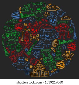 Halloween themed doodle set. Traditional and popular symbols - carved pumpkin, party costumes, witches, ghosts, monsters, vampires, skeletons, skulls, candles, bats. Isolated over black background.
