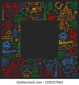 Halloween themed doodle set. Traditional and popular symbols - carved pumpkin, party costumes, witches, ghosts, monsters, vampires, skeletons, skulls, candles, bats. Isolated over black background.