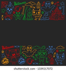 Halloween themed doodle set. Traditional and popular symbols - carved pumpkin, party costumes, witches, ghosts, monsters, vampires, skeletons, skulls, candles, bats. Isolated over black background.