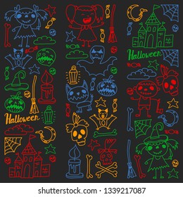 Halloween themed doodle set. Traditional and popular symbols - carved pumpkin, party costumes, witches, ghosts, monsters, vampires, skeletons, skulls, candles, bats. Isolated over black background.