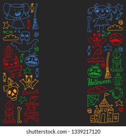 Halloween themed doodle set. Traditional and popular symbols - carved pumpkin, party costumes, witches, ghosts, monsters, vampires, skeletons, skulls, candles, bats. Isolated over black background.