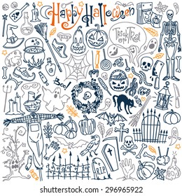 Halloween themed doodle set. Traditional and popular symbols - carved pumpkin, party costumes, witches, ghosts, monsters, vampires, skeletons, skulls, candles, bats. Isolated over white background.