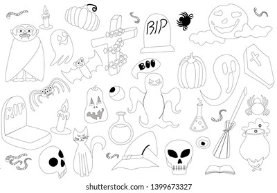 Halloween themed doodle vector set. Traditional and popular symbols - carved pumpkin, witches hat, ghosts, vampires, skulls, candles, bat, spider. Isolated over beige background.