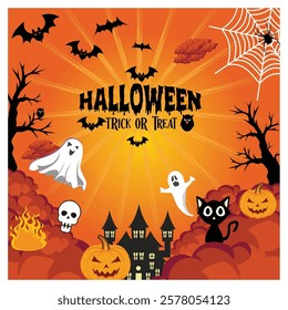 Halloween themed featuring ghosts, bats, pumpkins, and a haunted house, perfect for celebrations, invitations, and seasonal decorations. Flat vector modern illustration 