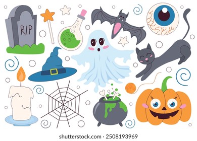 Halloween themed featuring playful illustrations, a ghost, bat, witch's hat, pumpkin, black cat, tombstone, and more. Perfect for seasonal decor, invitations, and festive designs.