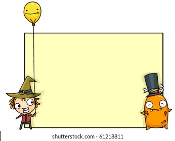 Marco temático de Halloween con muñeca rag y un monstruo lindo - Vector