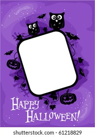 Halloween Themed Frame Featuring Silhouettes of an Owl, Jack o Lanterns, Bats, and Vines - Vector