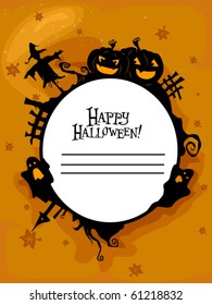 Halloween Themed Frame Featuring Silhouettes of a Scarecrow, Jack o Lanterns, Broken Down Fences, Ghosts, Autumn Leaves, and Vines - Vector