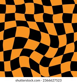 Halloween themed groovy checks seamless pattern in black and orange.  Psychedelic vector art for textile, poster, wallpaper, web design.